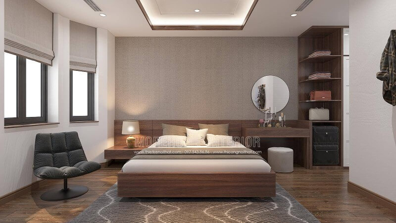 Bạn thích sự nhẹ nhàng trầm ấm, ban đang muốn trang trí mảng tường đầu giường cho mẫu thiết kế nội thất phòng ngủ master của mình, bạn có thể lựa chọn giấy dán tường đơn sắc màu nâu như trong ý tưởng thiết kế nội thất biệt thự tại Vinhomes Imperia Hải Phòng.