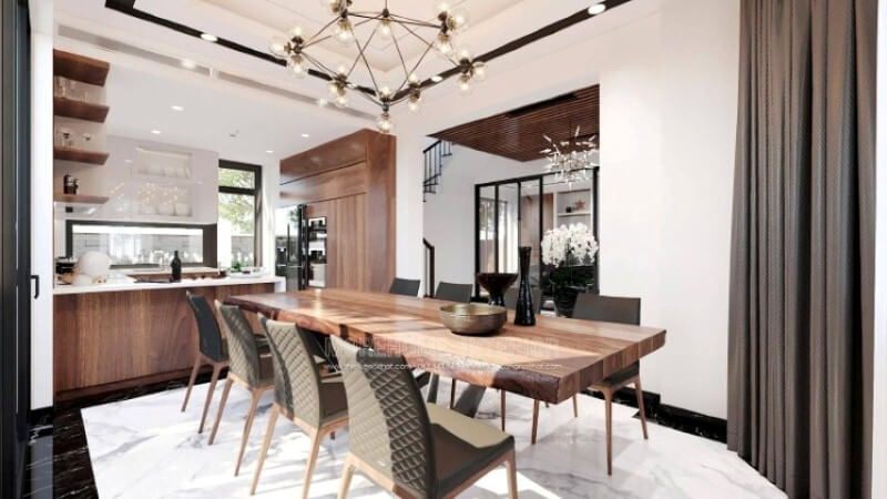 Sẽ là một gợi ý sáng tạo sẽ khiến bạn thích thú như trong mẫu thiết kế phòng bếp hiện đại biệt thự Vinhomes Imperia Hải Phòng trong đây, bố trí kệ trang trí ở vị trí gần bàn ăn nhất giúp bạn lấy ly, chén một cách thuận tiện