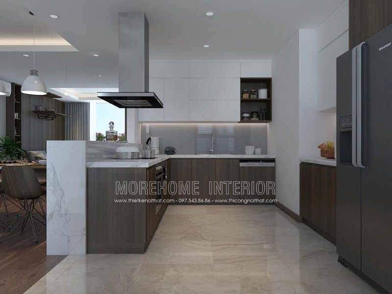 Căn bếp sử dụng đá nhân tạo làm ốp mặt bàn bếp bền đẹp và thực sự sự an toàn