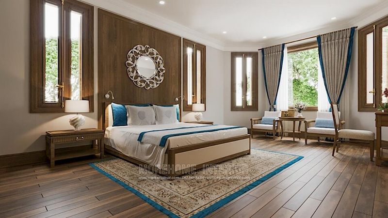 Gương treo tường góp phần làm nổi bật vẻ đẹp của nội thất phòng ngủ, tạo nên sự cuốn hút và sang trọng.